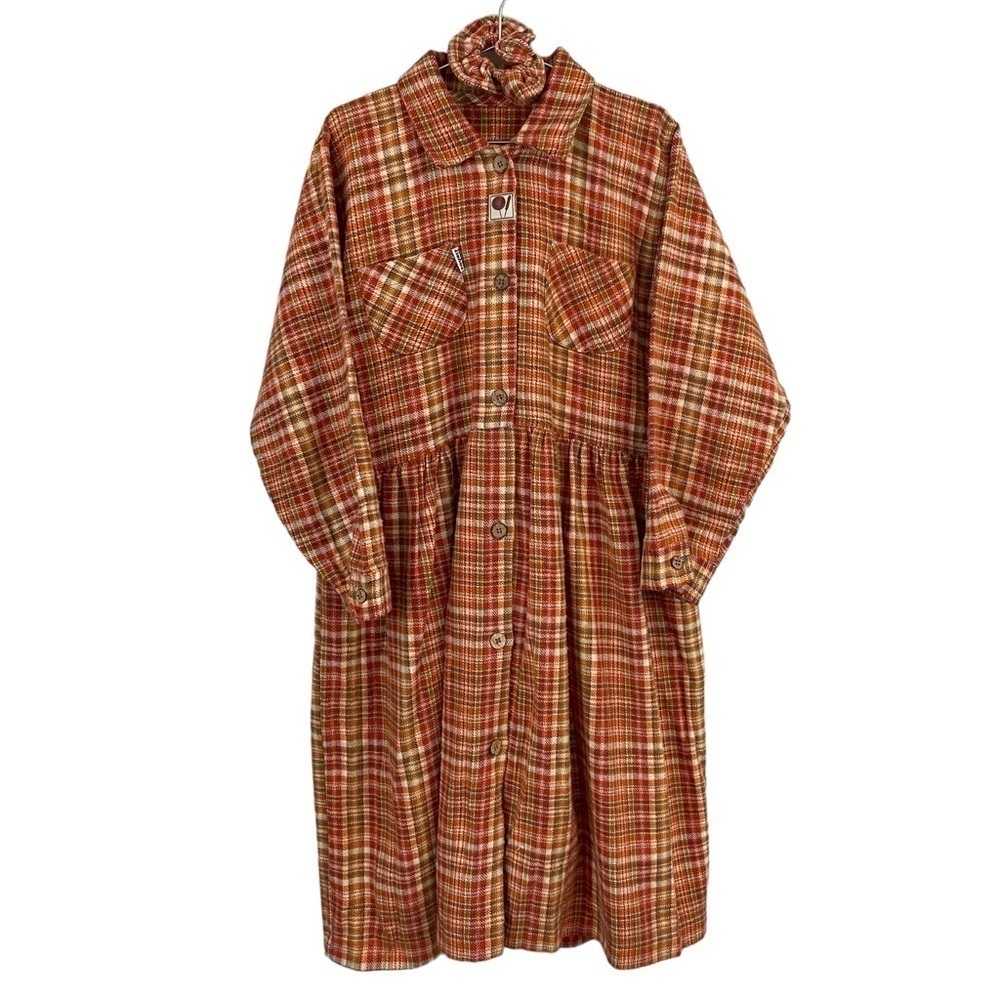 Vtg Souris Mini Gingham Girls Dress 12/14 Orange Long Sleeve Button Up Flannel